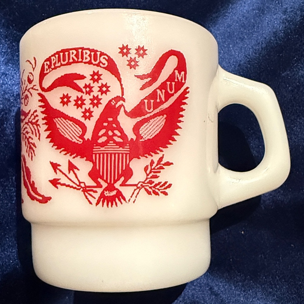 Vintage Fire King E. Pluribus Unum Mug Milk Glass with Red Design Made in USA